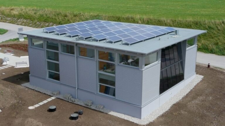 Luftaufnahme des Plusenergie-Ausstellungsgebäudes der FA. Selmer in Köstendorf. Das moderne Gebäude hat eine große Photovoltaik-Anlage auf dem Dach.