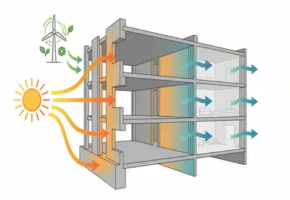 Infografik zum Prinzip des Gebäudespeichers bei der Bauteilaktivierung. Erneuerbare Energie von Sonne und Wind wird in den Betondecken gespeichert und zum Heizen und Kühlen der Räume genutzt.