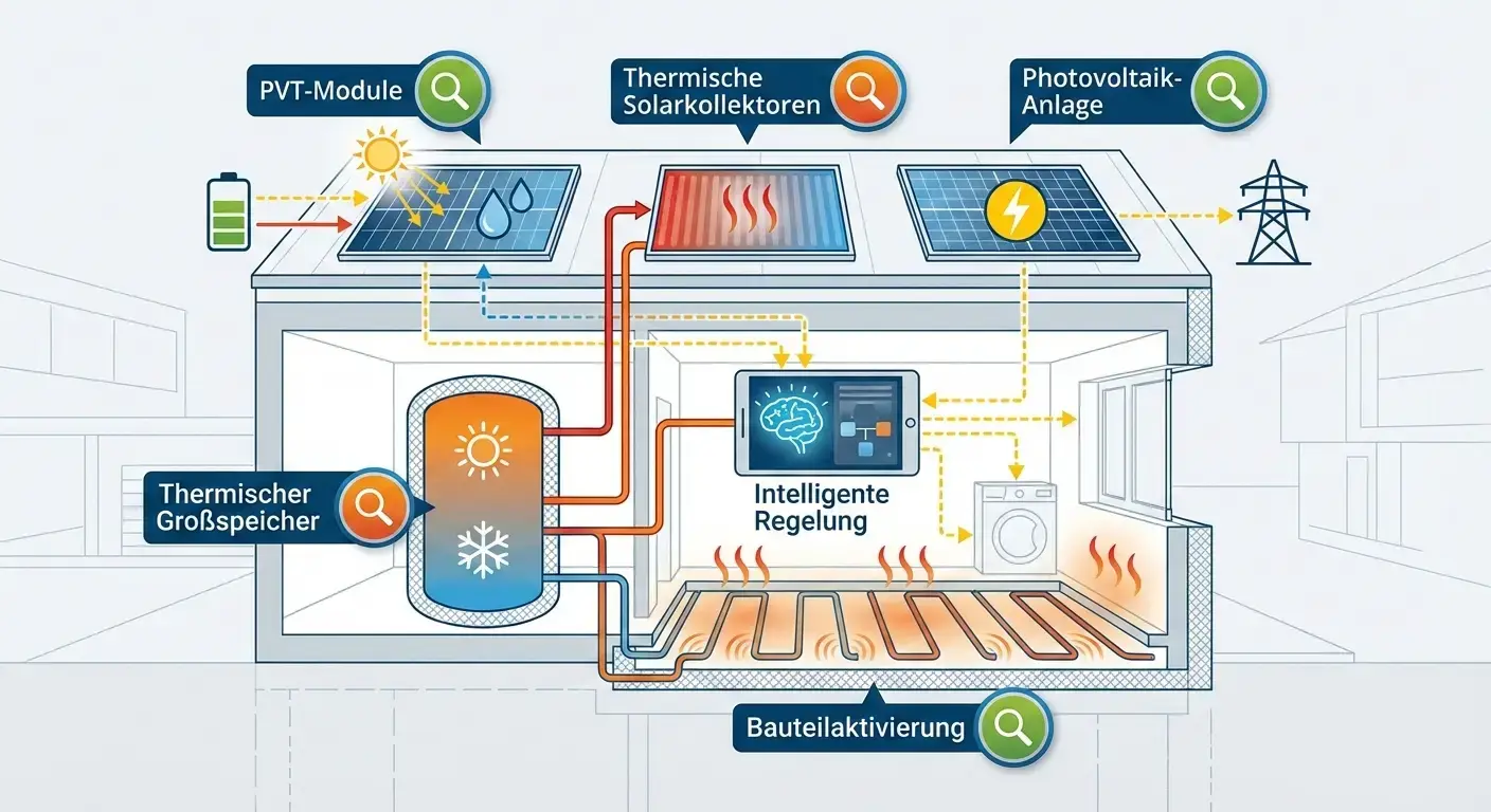 Infografik, die das System einer vollsolaren Energieversorgung erklärt. Sie zeigt, wie PVT-Module, thermische Solarkollektoren und eine Photovoltaik-Anlage Energie für einen thermischen Großspeicher und die Bauteilaktivierung liefern, gesteuert von einer intelligenten Regelung