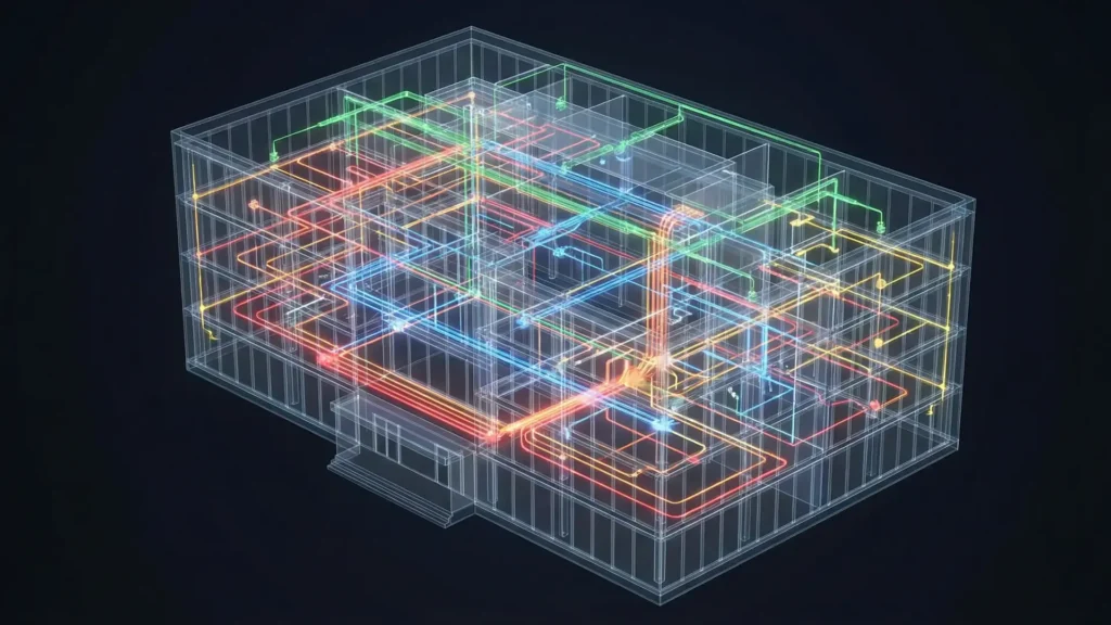 Visualisierung des integralen Planungsansatzes in der Gebäudetechnik. In einem transparenten Gebäude sind die vernetzten Systeme wie Heizung, Lüftung und Elektrik als leuchtende, farbige Linien dargestellt