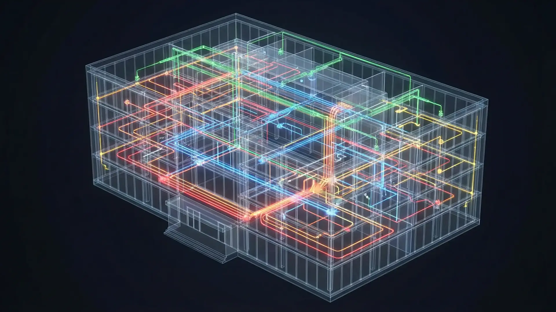 Visualisierung des integralen Planungsansatzes in der Gebäudetechnik. In einem transparenten Gebäude sind die vernetzten Systeme wie Heizung, Lüftung und Elektrik als leuchtende, farbige Linien dargestellt