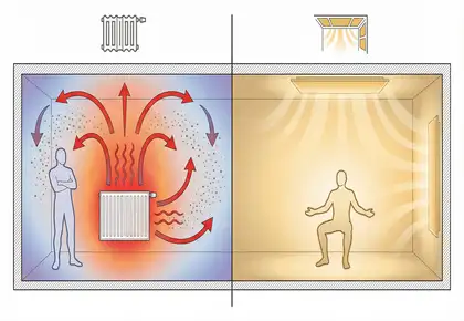Infografik, die den Komfort einer Bauteilaktivierung (rechts) mit einer Heizkörperheizung (links) vergleicht. Die Bauteilaktivierung sorgt für gleichmäßige Strahlungswärme, während der Heizkörper ungleichmäßige Luftzirkulation erzeugt