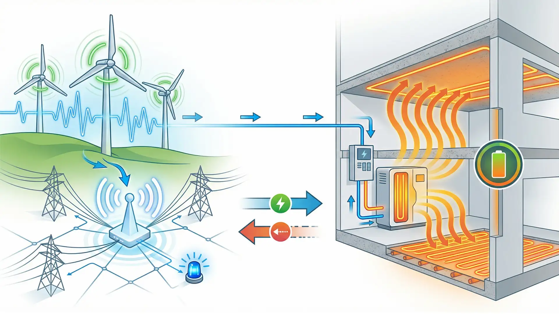 Infografik zur intelligenten Nutzung von Windstrom-Überschuss: Bei Überangebot im Netz wird Strom zu einem Gebäude geleitet, wo eine Wärmepumpe den thermischen Betonspeicher auflädt und so das Netz stabilisiert