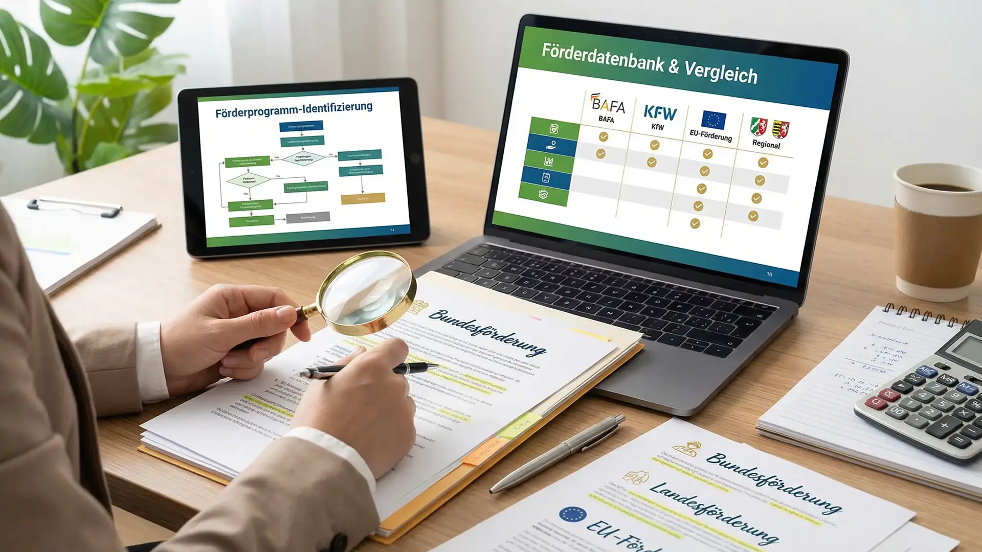 Symbolbild zur Förderungsbegleitung: Eine Person prüft sorgfältig Förderunterlagen (Bundes-, Landes- und EU-Förderung). Auf dem Laptop läuft ein Vergleich von Förderdatenbanken wie BAFA und KFW, während ein Tablet den Prozess der Förderprogramm-Identifizierung visualisiert