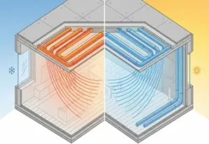 Infografik, die das duale Prinzip der Bauteilaktivierung veranschaulicht: Heizen im Winter (links, rot) und Kühlen im Sommer (rechts, blau) mit nur einem System in den Bauteilen