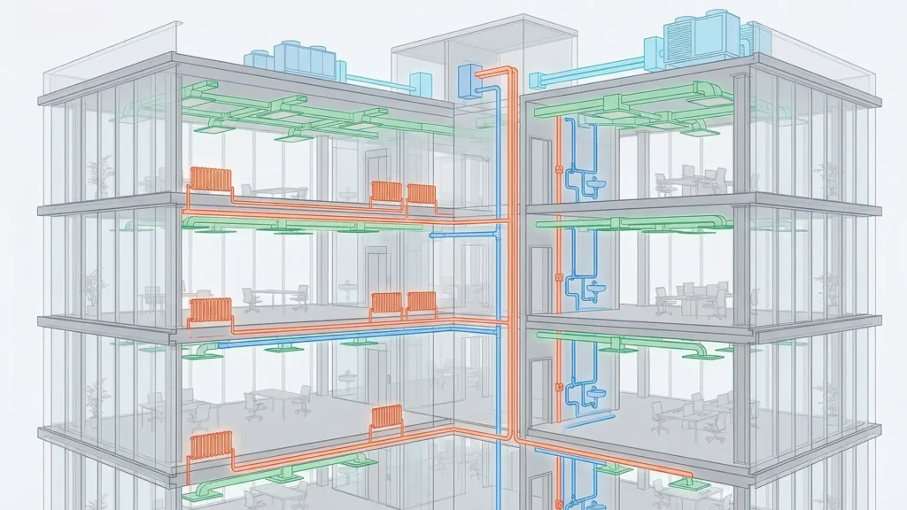 Infografik zur HKLS-Planung, die das komplexe Zusammenspiel von Heizung, Kühlung und Lüftung in einem modernen Gebäude veranschaulicht. Sie zeigt die technische Gebäudeausrüstung (TGA) über mehrere Etagen