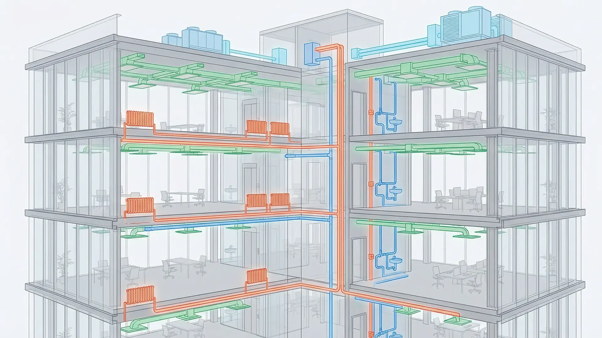 Infografik zur HKLS-Planung, die das komplexe Zusammenspiel von Heizung, Kühlung und Lüftung in einem modernen Gebäude veranschaulicht. Sie zeigt die technische Gebäudeausrüstung (TGA) über mehrere Etagen