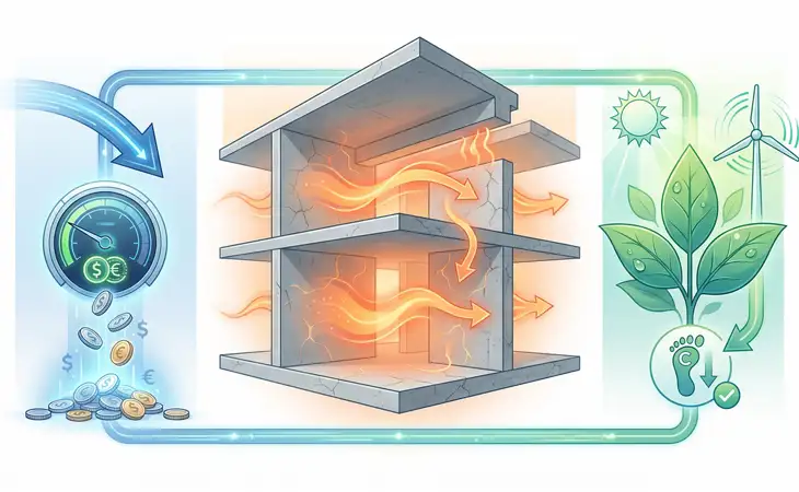 Infografik zu den Vorteilen der Bauteilaktivierung: Sie visualisiert die finanziellen Einsparungen und die ökologischen Pluspunkte wie einen geringen CO2-Fußabdruck und die Nutzung erneuerbarer Energien